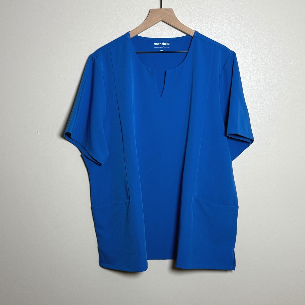Mandala Royal Blue Equa-Tek Split Neck Scrub Top Plus Size‎ 3XL Short Sleeve